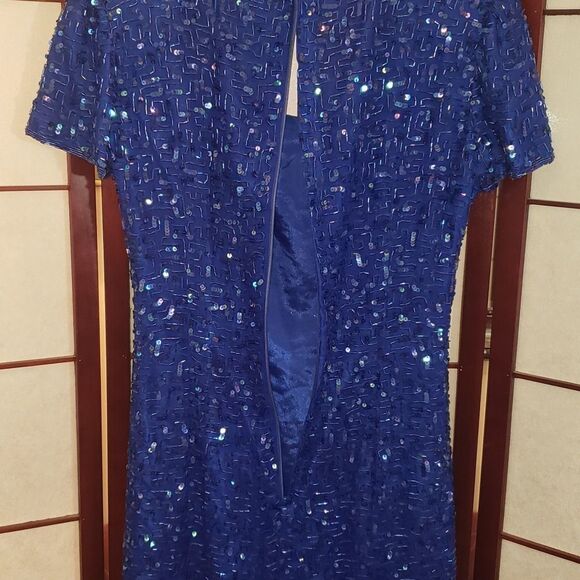 Joan Leslie Studio Blue Sequin/Bead Silk Cocktail Dress - Picture 7 of 8